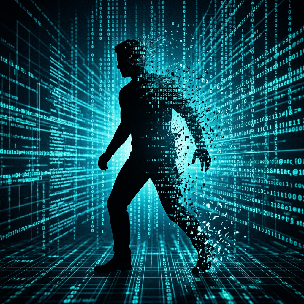 Silhouette of a person partially dissolving into digital code and binary numbers